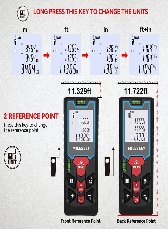 MILESEEY Laser Measure, Mileseey 328Ft laser distance measure with 2 Bubble Levels, M/In/Ft Unit switching Backlit LCD and Pythagorean Mode, Measure Distance, Area and Volume laser measurement tool - Image 3